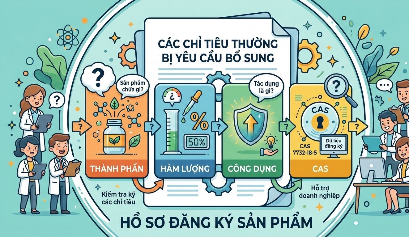 Các chỉ tiêu thường bị yêu cầu bổ sung: thành phần, hàm lượng, công dụng, CAS