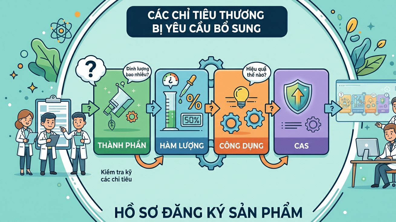 Các chỉ tiêu thường bị yêu cầu bổ sung: thành phần, hàm lượng, công dụng, CAS