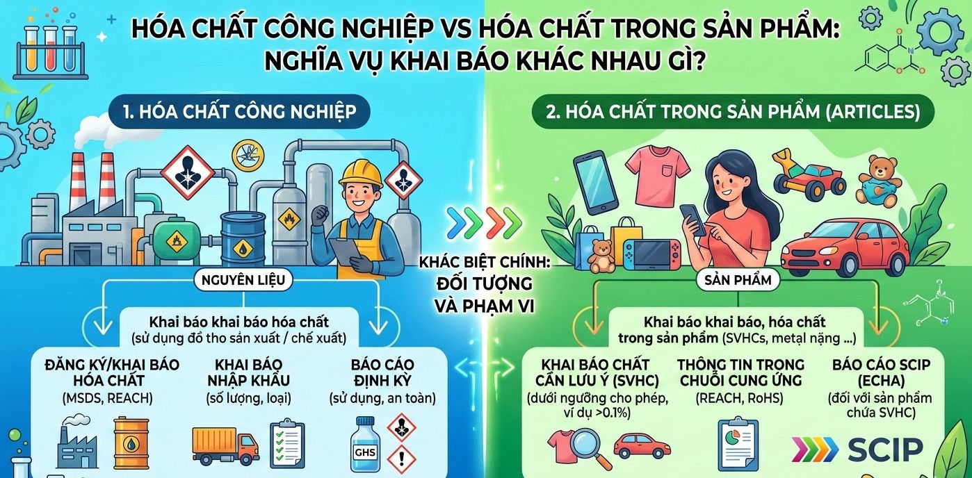 Hoá chất công nghiệp vs hoá chất trong sản phẩm: nghĩa vụ khai báo khác nhau gì?