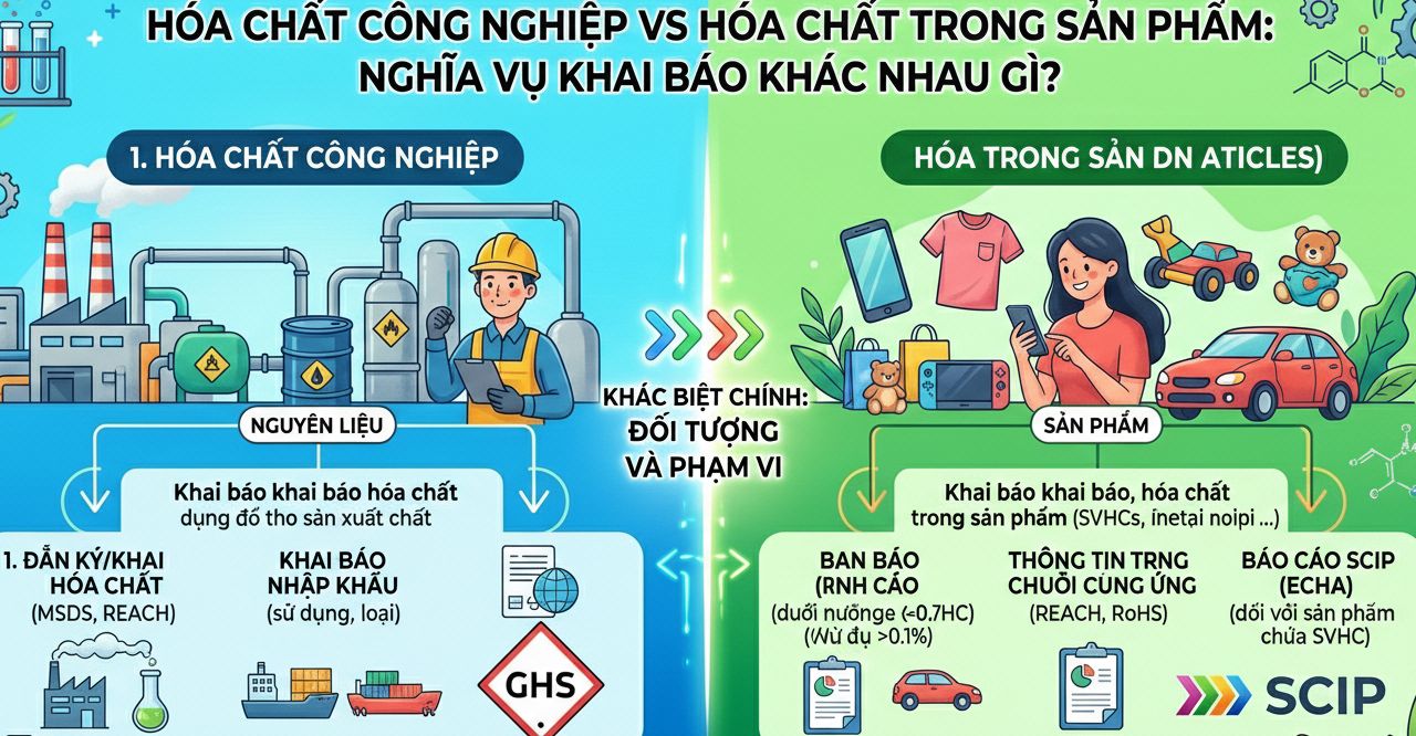 Hoá chất công nghiệp vs hoá chất trong sản phẩm: nghĩa vụ khai báo khác nhau gì?