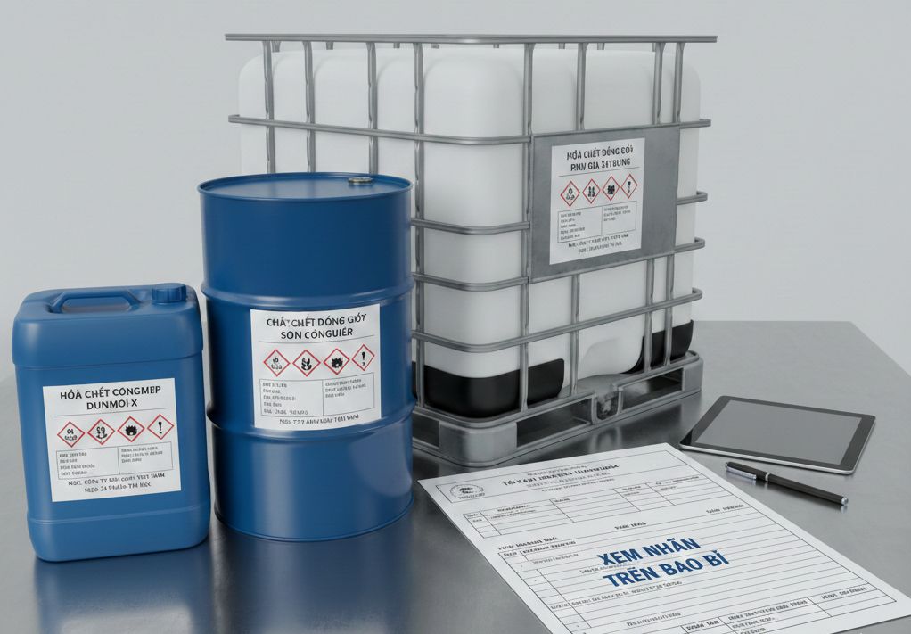 Hoá chất đóng can/phuy/IBC: ghi nhãn & mô tả trên tờ khai ra sao?
