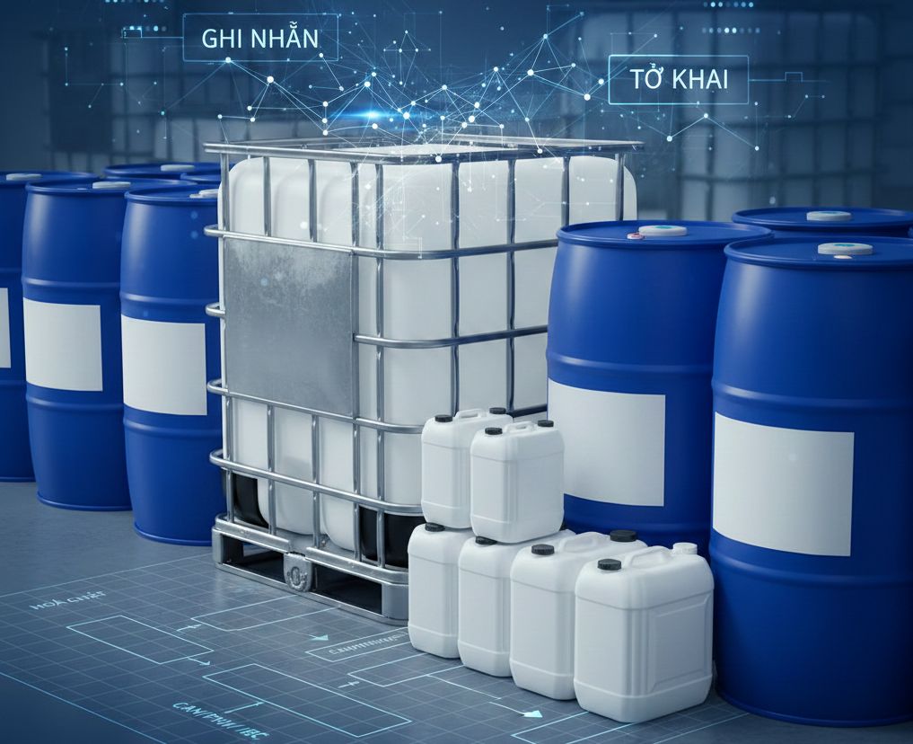Hoá chất đóng can/phuy/IBC: ghi nhãn & mô tả trên tờ khai ra sao?
