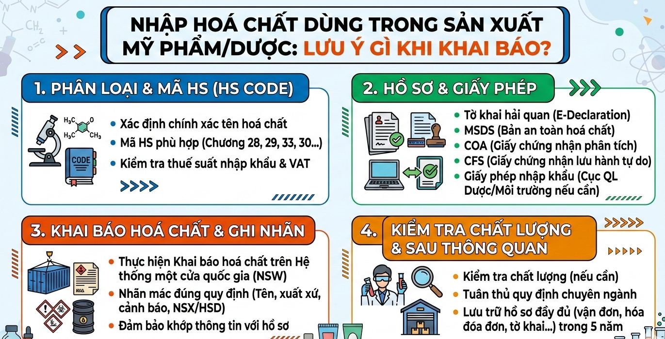 Nhập hoá chất dùng trong sản xuất mỹ phẩm/dược: lưu ý gì khi khai báo?
