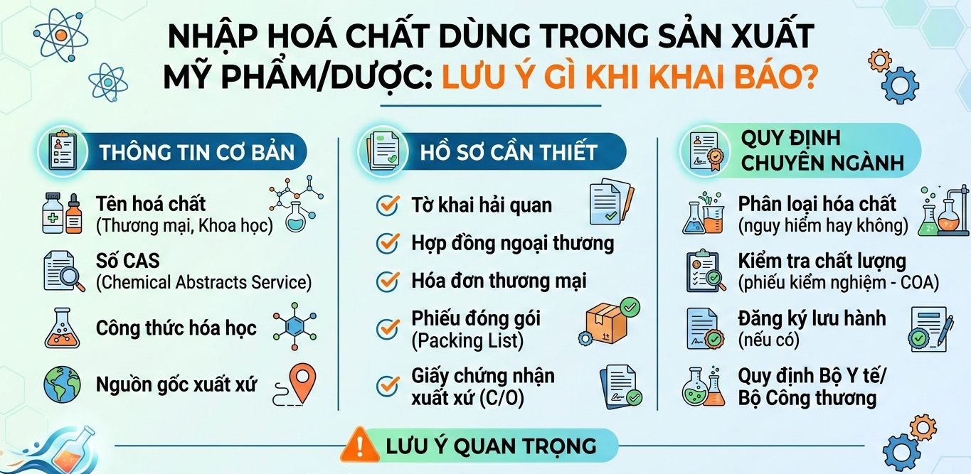 Nhập hoá chất dùng trong sản xuất mỹ phẩm/dược: lưu ý gì khi khai báo?