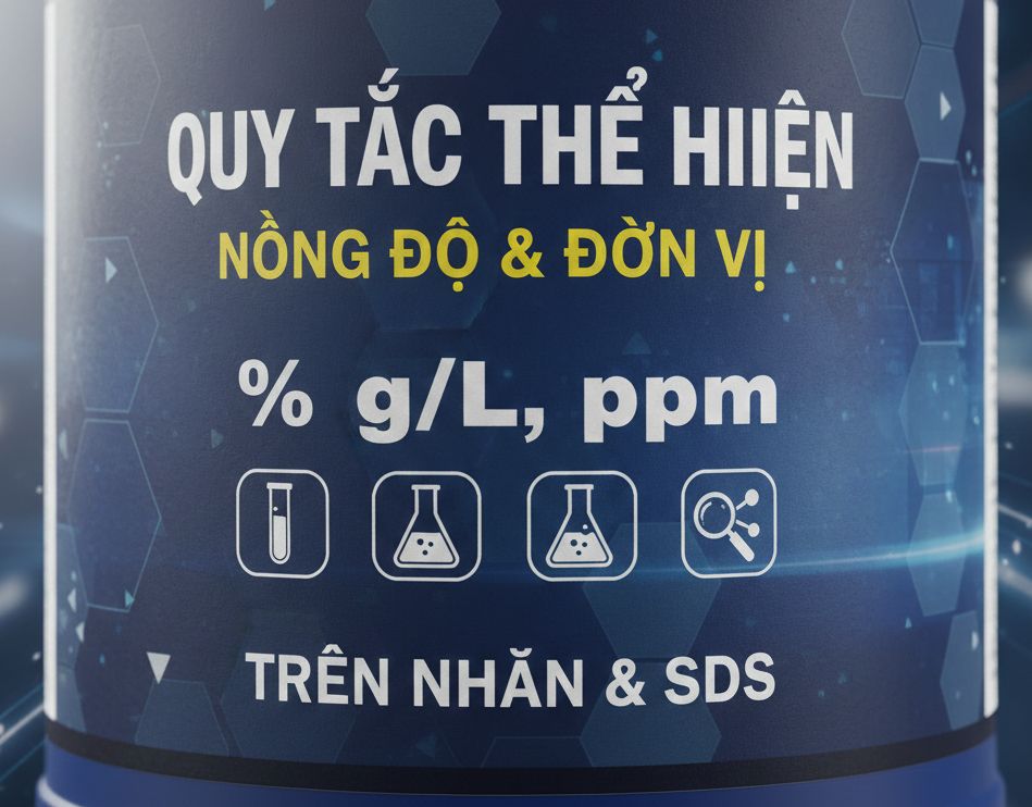 Quy tắc thể hiện nồng độ & đơn vị (%, g/L, ppm) trên nhãn và SDS