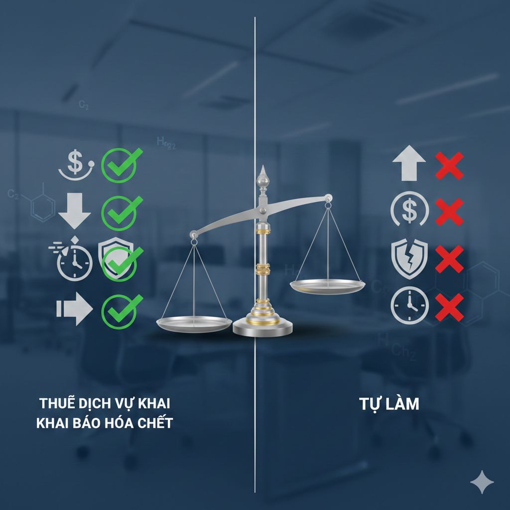 So sánh thuê dịch vụ khai báo hoá chất vs tự làm: chi phí – rủi ro – thời gian